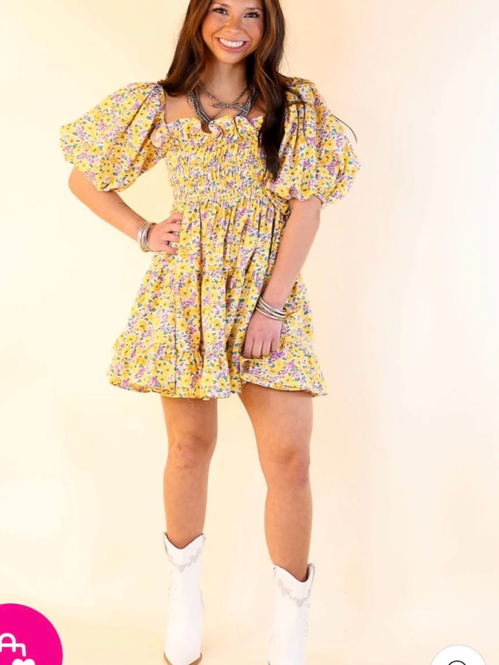Buddy Love Yellow Floral Puff-Sleeve Mini Dress